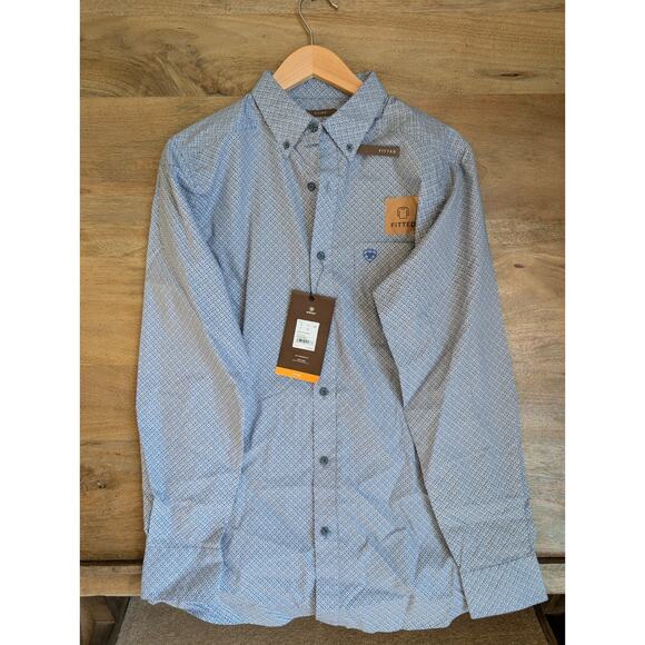 Ariat Rider Fitted Shirt Mens Small Blue Geo Print Long Sleeve Button Down NWT